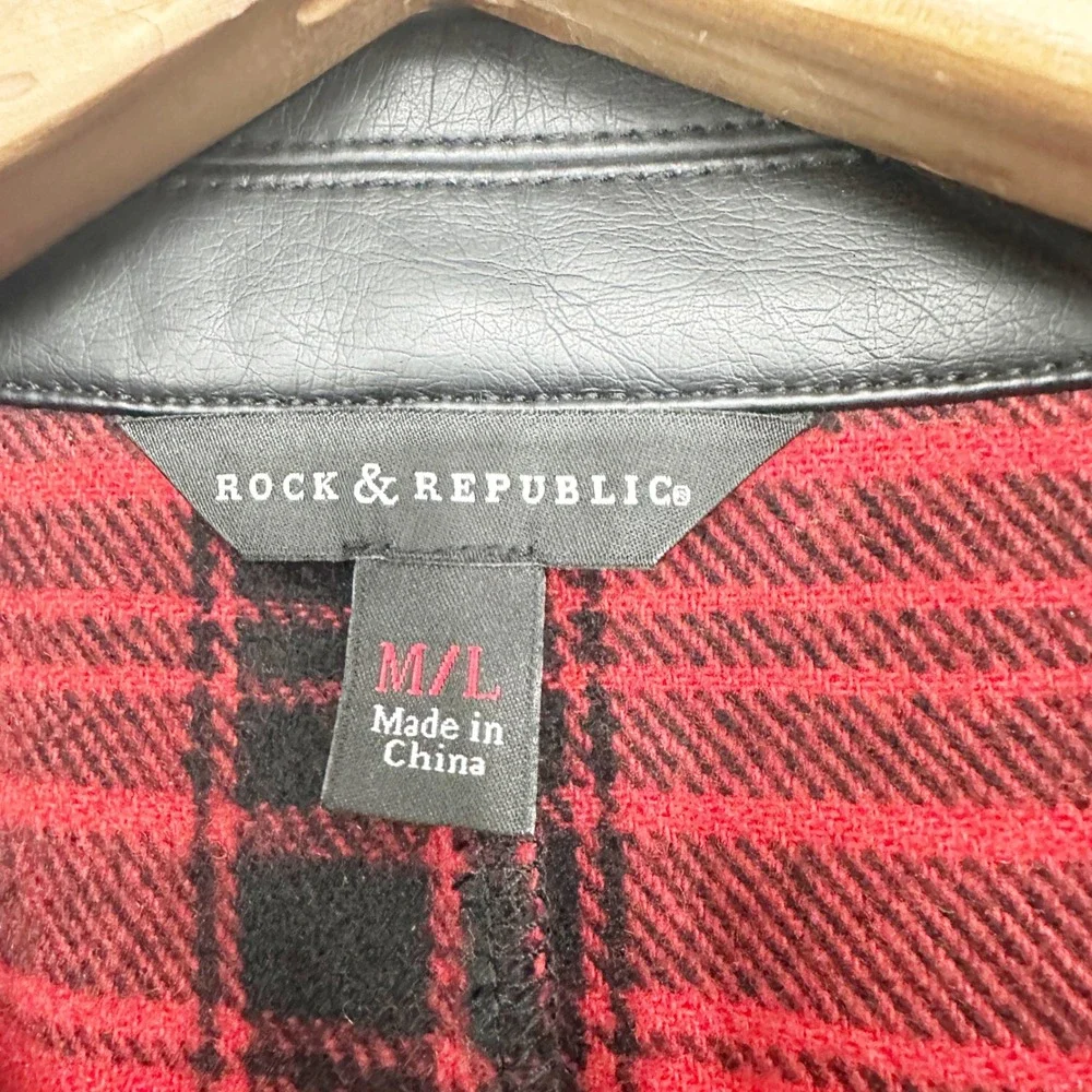 Rock & Republic Red Black Plaid Moto Poncho Faux Leather Trim Fringed‎ Size M/L
